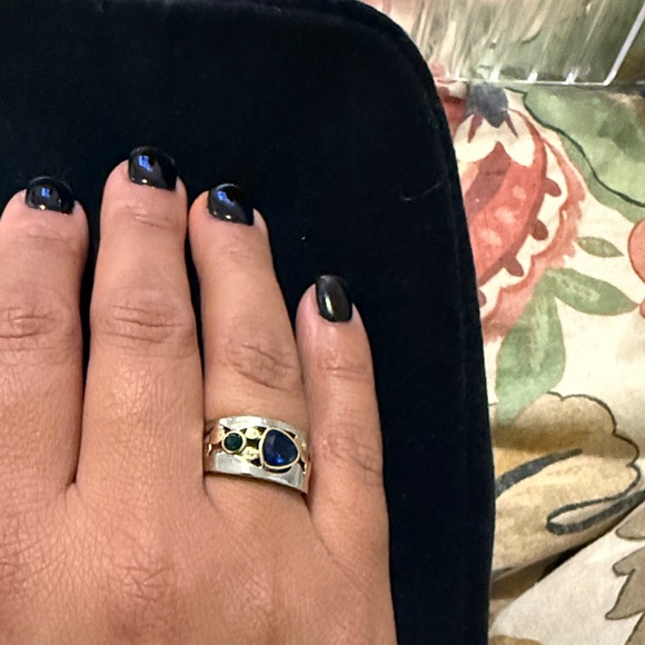 Silver Ring with Blue and Black Stones - Picture 1 of 3